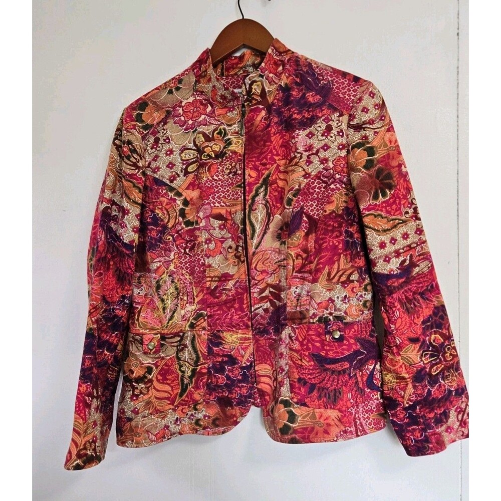 Coldwater Creek Blazer Womens M Tapestry Red Orange Floral Boho Rustic‎ Artsy